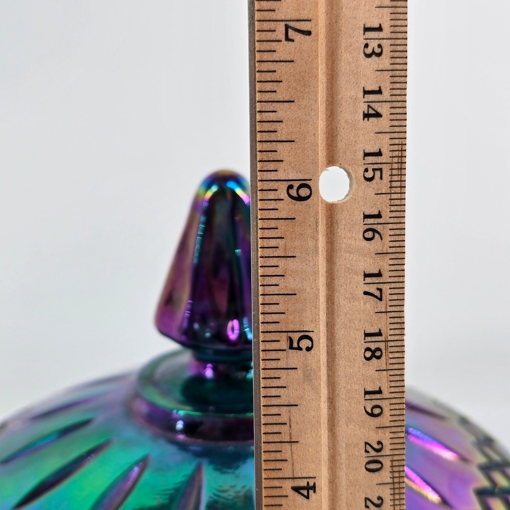 Vintage Iridescent Blue Carnival Glass Trinket Dish Lidded Candy Jar Oil Slick - Picture 6 of 9
